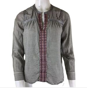 JCrew Womens Blouse Sz 4P Grey Red Embroidered Striped Peasant Blouse V Neck